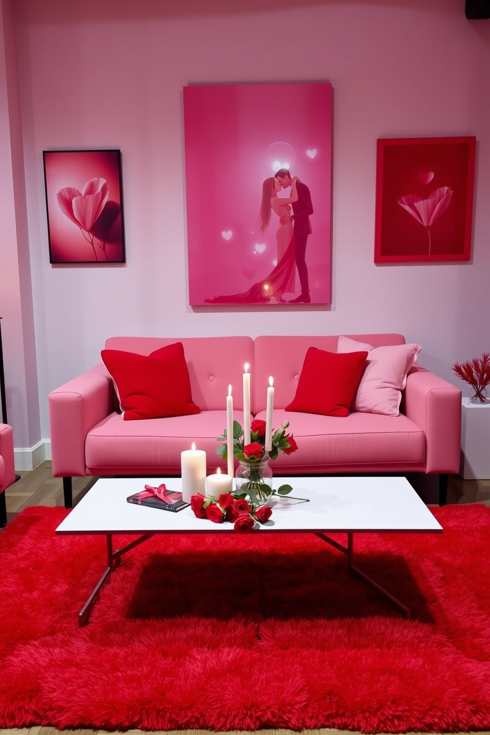 Chic pink and red color scheme Loft Valentines Day Decorating Ideas. The space features a cozy seating area with a plush pink sofa adorned with red throw pillows and a soft red rug underfoot. A sleek coffee table sits in the center, topped with heart-shaped candles and a bouquet of fresh roses. The walls are decorated with romantic artwork in shades of pink and red, creating a warm and inviting atmosphere.