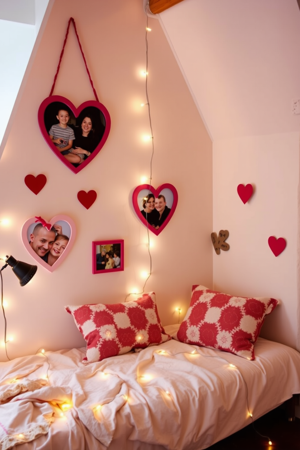 Create a cozy loft space decorated for Valentine's Day. The walls are adorned with DIY heart-shaped photo frames showcasing cherished moments, and soft fairy lights create a warm ambiance.