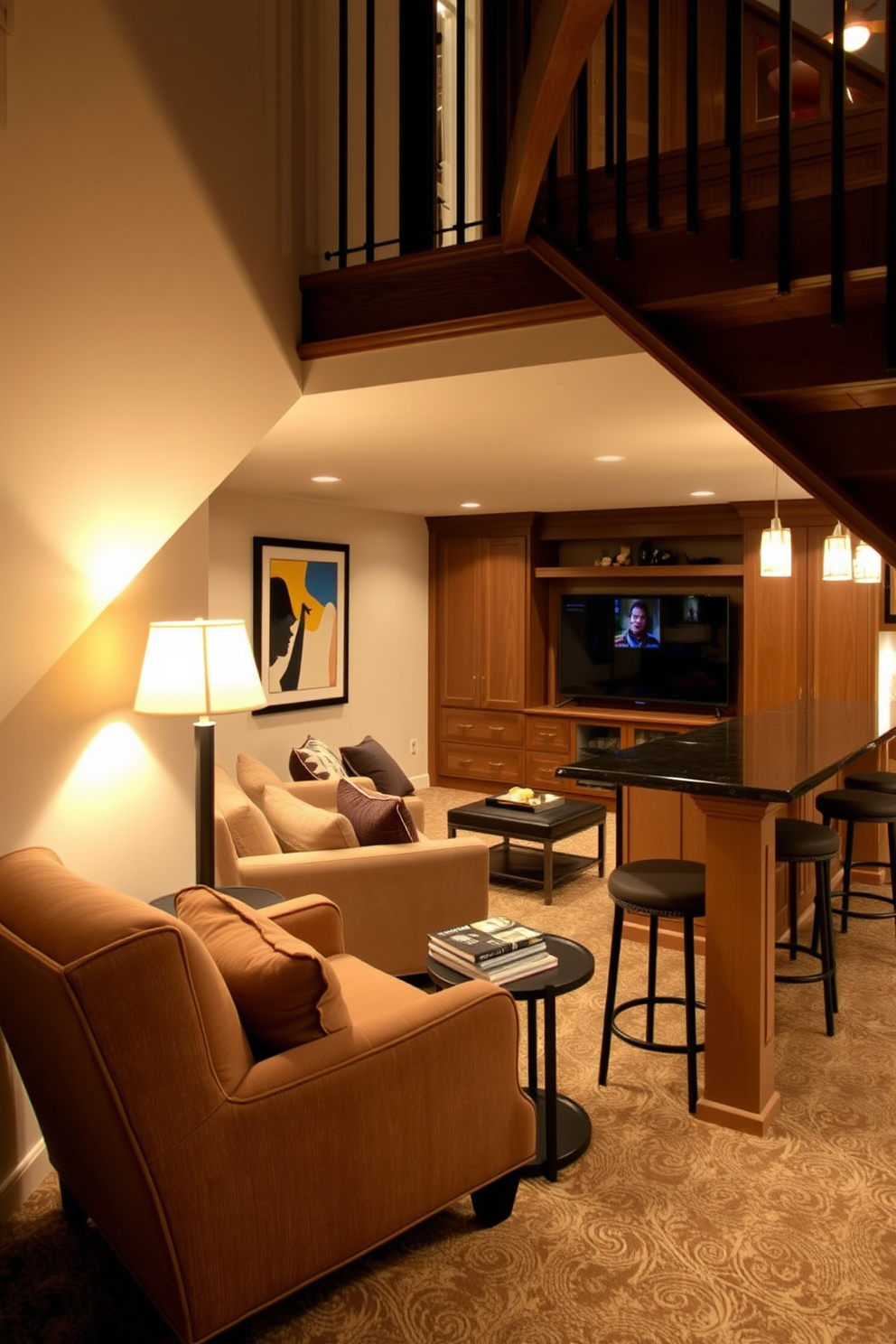 Cozy reading nook under the stairs. A plush armchair is nestled in the corner with a small side table holding a stack of books and a warm lamp casting a soft glow. Long Basement Design Ideas. The space features an open layout with a comfortable sectional sofa facing a large entertainment center, while a wet bar with high stools provides an inviting area for social gatherings.