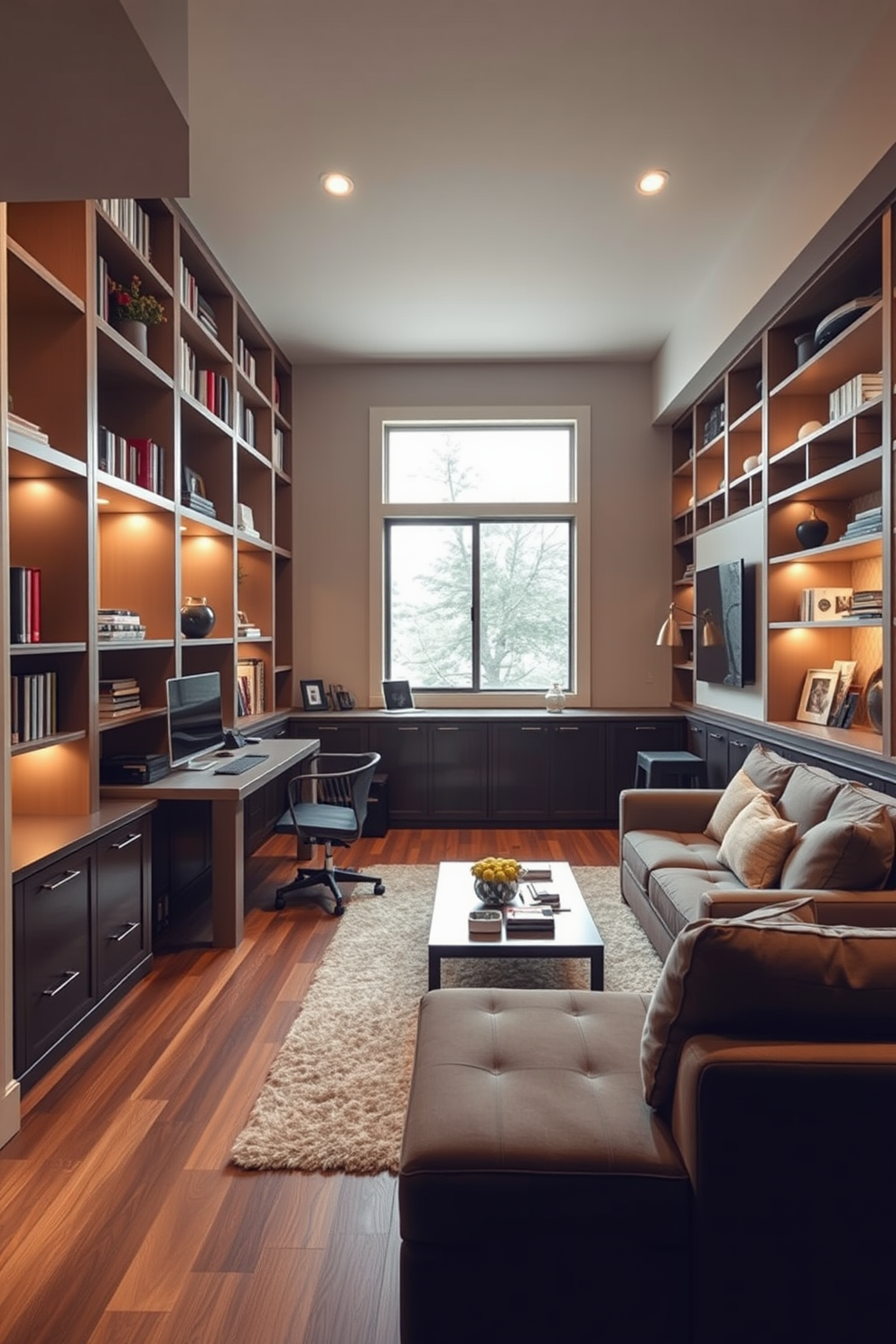 A modern home office featuring built-in shelving that stretches from floor to ceiling. The shelves are filled with books and decorative items, while a sleek desk with a comfortable chair sits in front of a large window that lets in natural light. A cozy basement designed for relaxation and entertainment. The space includes a plush sectional sofa, a coffee table, and a built-in bar area with stools, all illuminated by warm, ambient lighting.