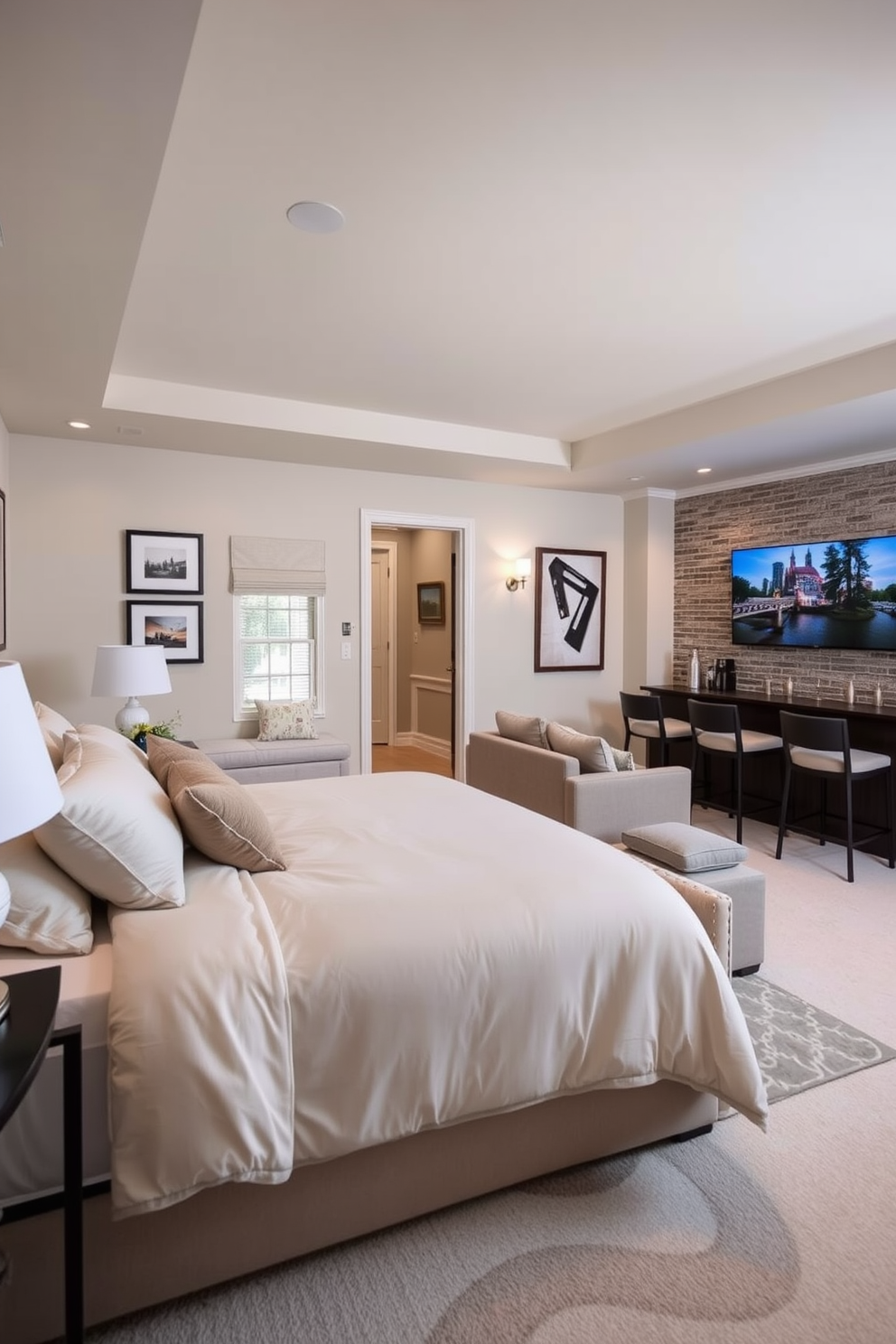 A serene guest bedroom featuring plush bedding in soft neutral tones. The decor includes framed artwork on the walls and a cozy reading nook by the window. An inviting basement designed for relaxation and entertainment. The space includes a comfortable sectional sofa, a large flat-screen TV, and a stylish bar area with high stools.