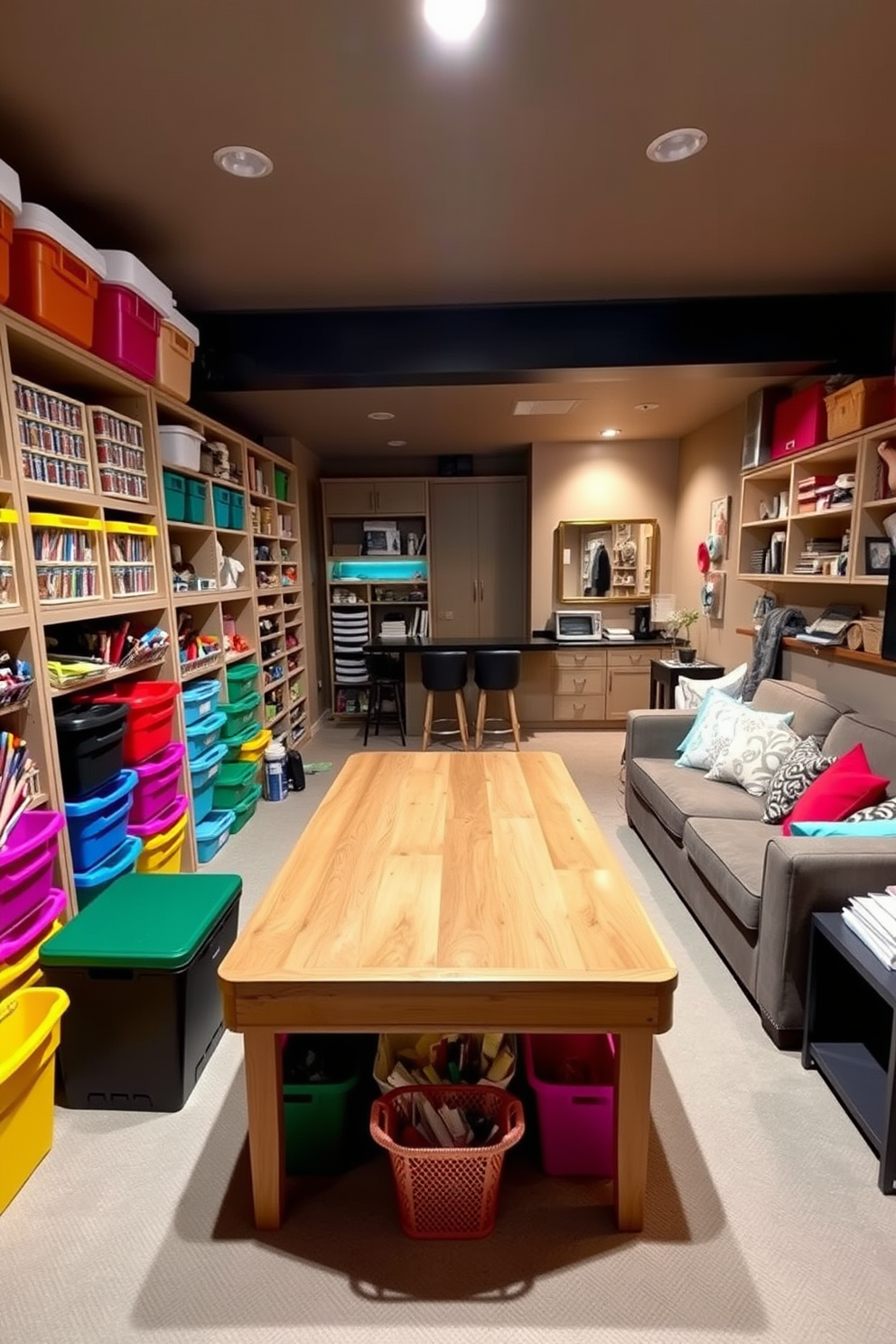 Creative craft room with organized supplies. The room features a large wooden table in the center surrounded by colorful storage bins and shelves filled with art supplies. Long Basement Design Ideas. The space includes a cozy seating area with a sectional sofa and a large coffee table, complemented by ambient lighting and a wet bar for entertaining.