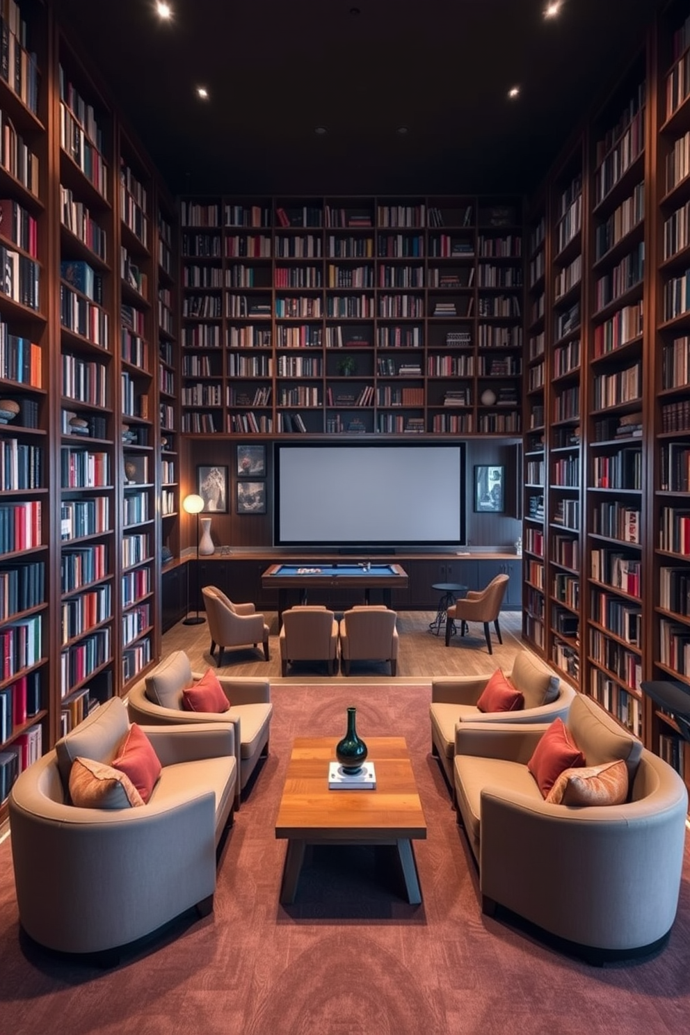 A cozy library with tall bookshelves filled with books from floor to ceiling. In the center, there are plush seating areas with comfortable armchairs and a wooden coffee table. A stylish basement designed for entertainment and relaxation. It features a home theater area with a large screen, a bar with high stools, and a game zone with a pool table.