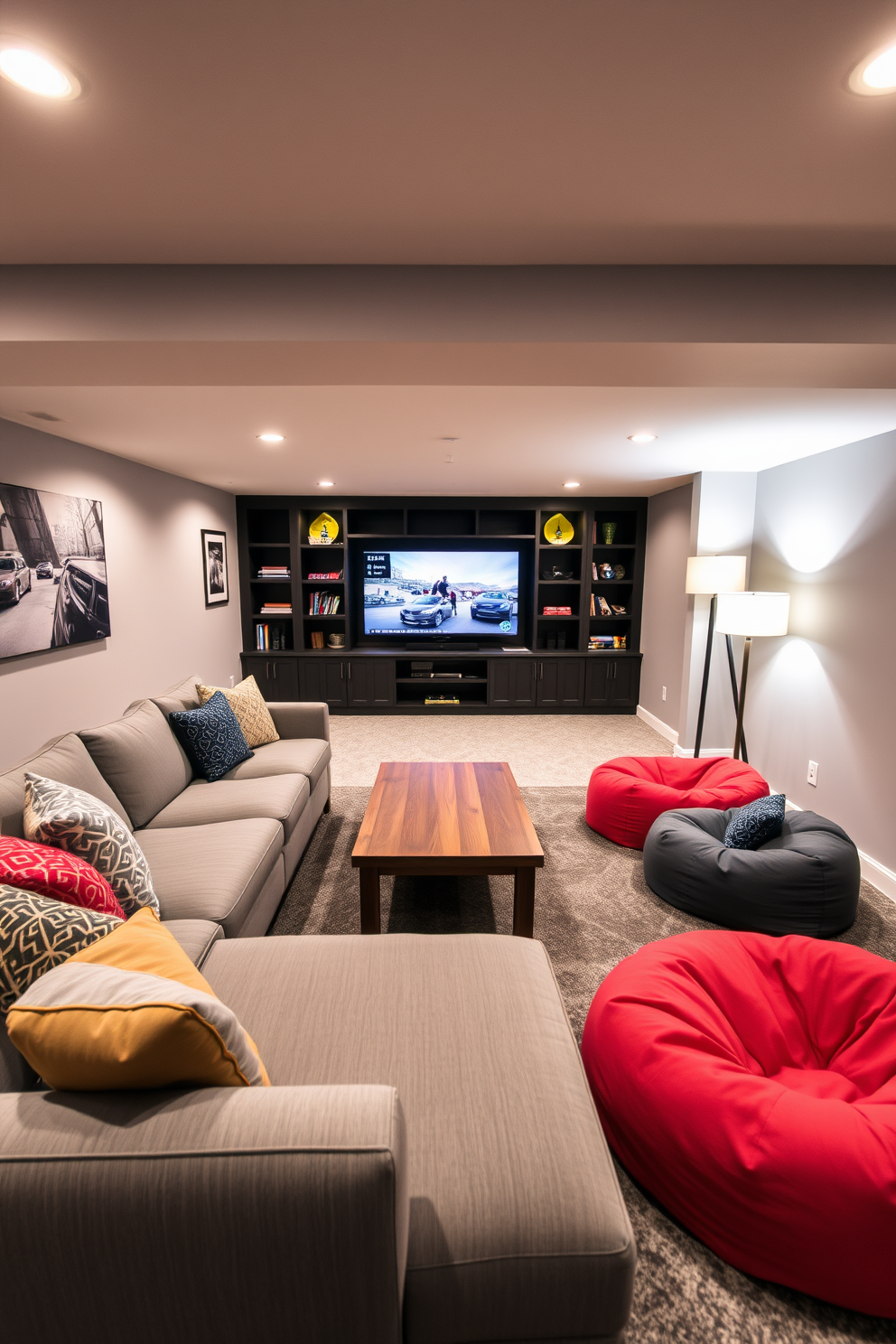 A cozy multi-purpose space designed for family activities features a large sectional sofa in a soft gray fabric, surrounded by colorful accent pillows. In one corner, a wooden coffee table is surrounded by bean bag chairs, creating a casual area for games and relaxation. The long basement design incorporates a sleek entertainment center with a large flat-screen TV and built-in shelves for books and games. Soft lighting is provided by recessed fixtures and a stylish floor lamp, enhancing the inviting atmosphere of the space.