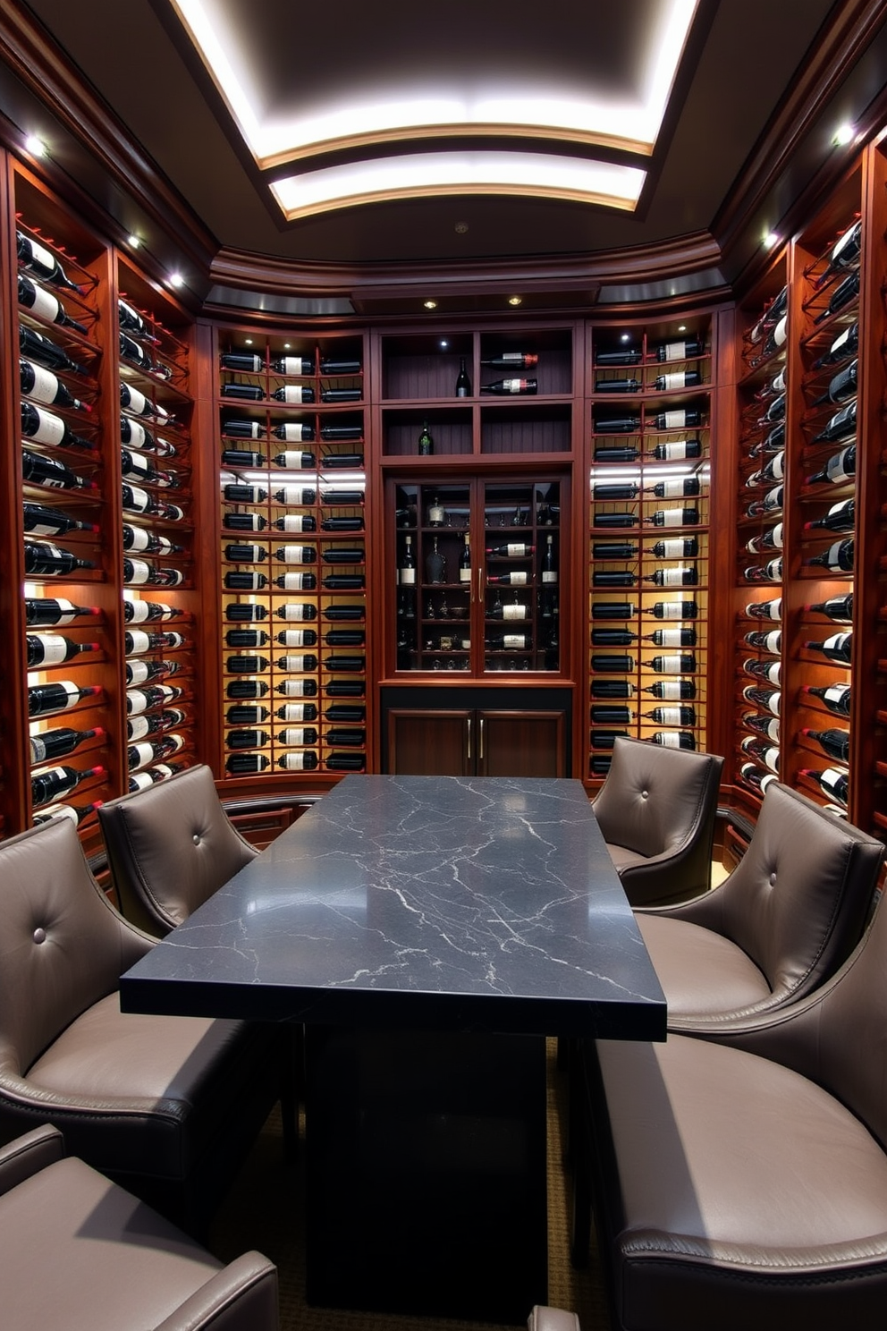 A luxurious wine cellar designed with climate control features. The room is lined with custom wooden racks that hold an extensive collection of wine bottles, illuminated by soft LED lighting. The walls are adorned with rich mahogany paneling, creating a warm and inviting atmosphere. A sleek tasting table made of dark stone sits in the center, surrounded by elegant seating for intimate gatherings.