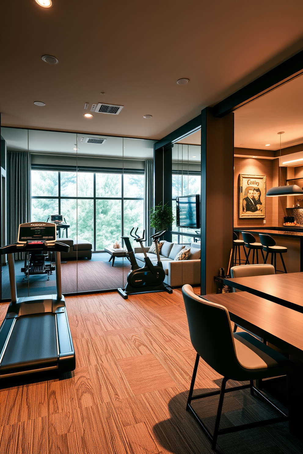 A fitness room featuring state-of-the-art gym equipment including a treadmill, weights, and a stationary bike. The walls are lined with large mirrors that create an open and airy feel, reflecting the natural light from the windows. A stylish basement designed for relaxation and entertainment. It includes a cozy seating area with a plush sofa, a bar with high stools, and a game table, all surrounded by soft ambient lighting and warm color tones.