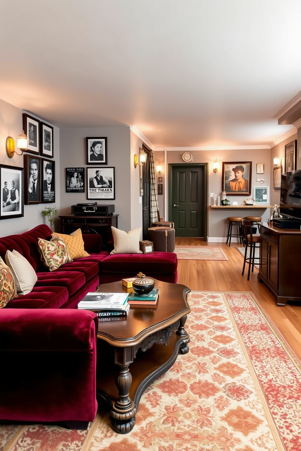 A modern home office featuring dual monitors on a sleek black desk. The walls are painted in a calming blue tone, and stylish shelves filled with books and decorative items line one side of the room. A spacious basement designed for relaxation and entertainment. It includes a cozy seating area with a large sectional sofa, a wet bar with high stools, and warm ambient lighting throughout the space.