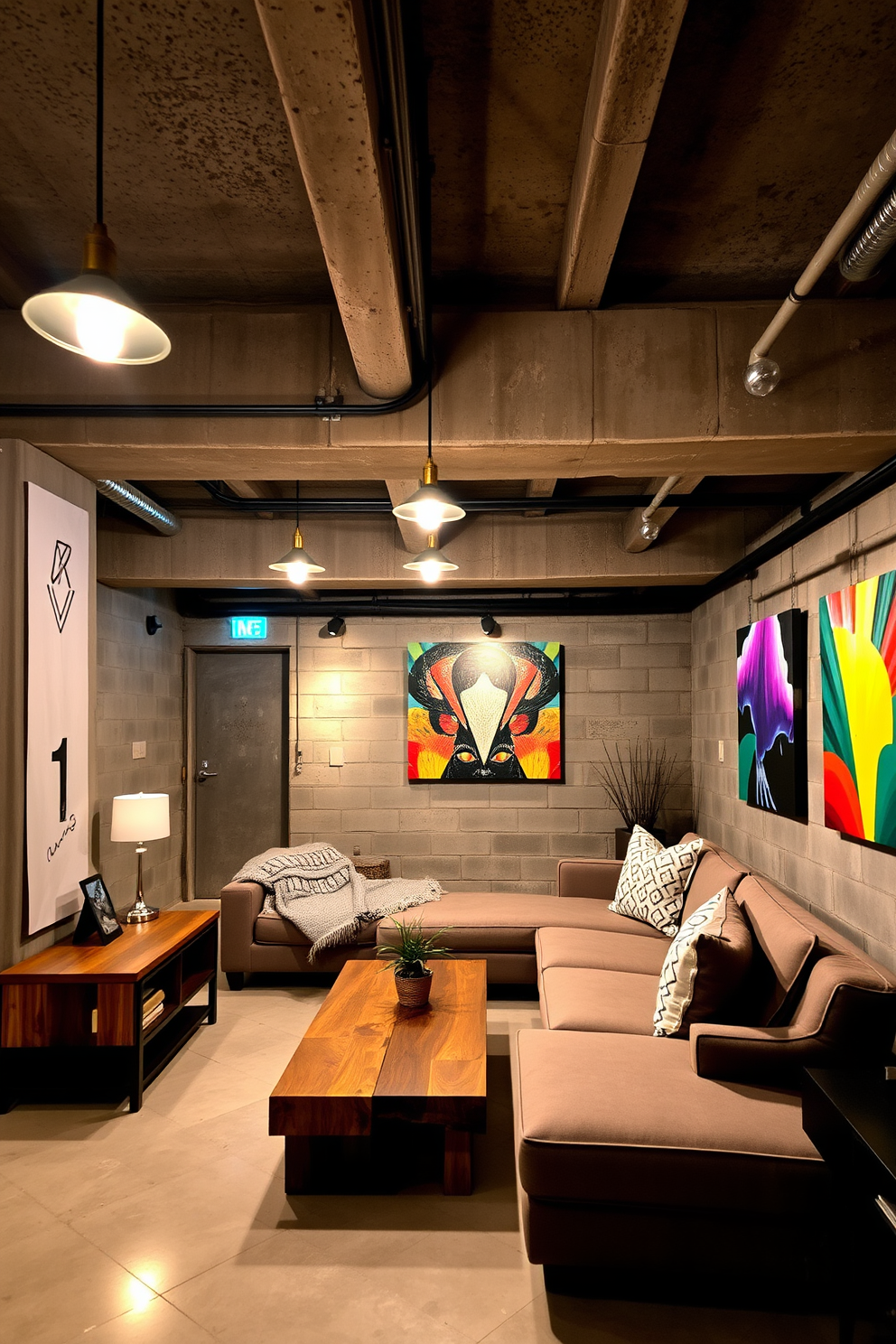 An industrial style basement featuring exposed beams and raw concrete walls creates a unique and modern atmosphere. The space is illuminated by pendant lights hanging from the beams, casting a warm glow over the stylish furniture. A cozy seating area is arranged with a large sectional sofa and a reclaimed wood coffee table. To add a touch of color, vibrant artwork adorns the walls, contrasting beautifully with the industrial elements.