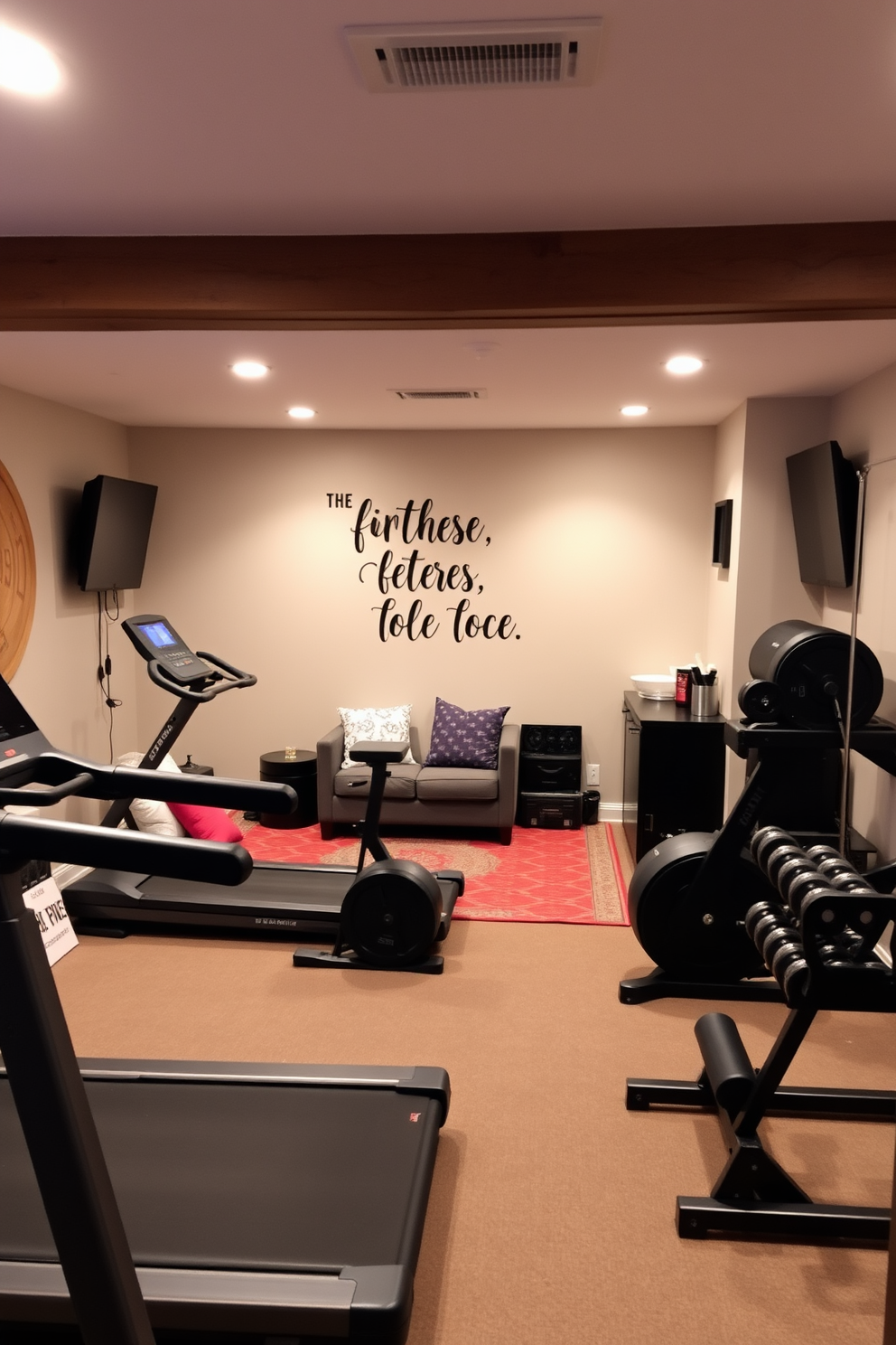 A modern home gym featuring motivational wall art that inspires fitness and well-being. The space includes a variety of exercise equipment, such as a treadmill and weights, arranged for optimal functionality. A stylish basement design that maximizes space while providing comfort and entertainment. The area is equipped with cozy seating, ambient lighting, and a small kitchenette for convenience.