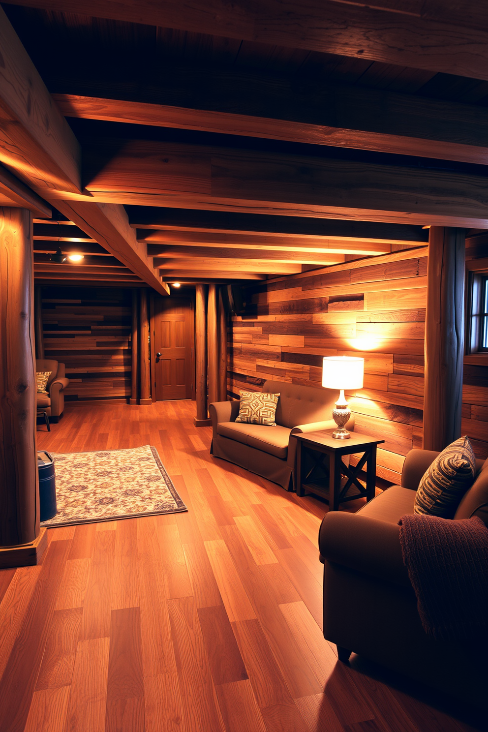 A rustic basement design featuring exposed wooden beams and warm wood accents throughout the space. The flooring consists of wide plank hardwood, complemented by a cozy area rug in earthy tones. The walls are adorned with reclaimed wood paneling, creating a warm and inviting atmosphere. Soft, ambient lighting highlights the natural textures and enhances the overall charm of the basement.