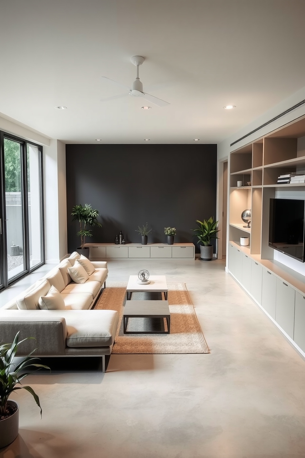 A minimalist basement design featuring an open layout with sleek lines and a neutral color palette. The space includes a low-profile sectional sofa, a simple coffee table, and built-in shelving that blends seamlessly into the walls. Large windows provide ample natural light, enhancing the airy atmosphere. The flooring is polished concrete, complemented by a few strategically placed indoor plants for a touch of greenery.