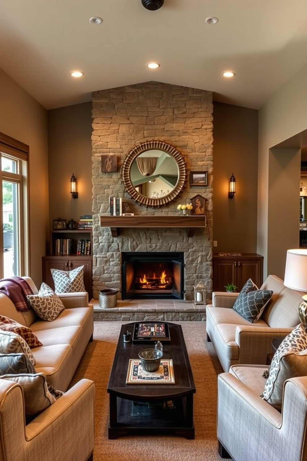 A cozy fireplace is the centerpiece of a warm and inviting living space. Surrounding the fireplace are plush seating options with soft blankets and decorative pillows, creating an ideal spot for relaxation. The long basement features an open layout with a mix of functional areas including a home theater, a game room, and a small bar. Large windows allow natural light to filter in, while stylish lighting fixtures enhance the overall ambiance.