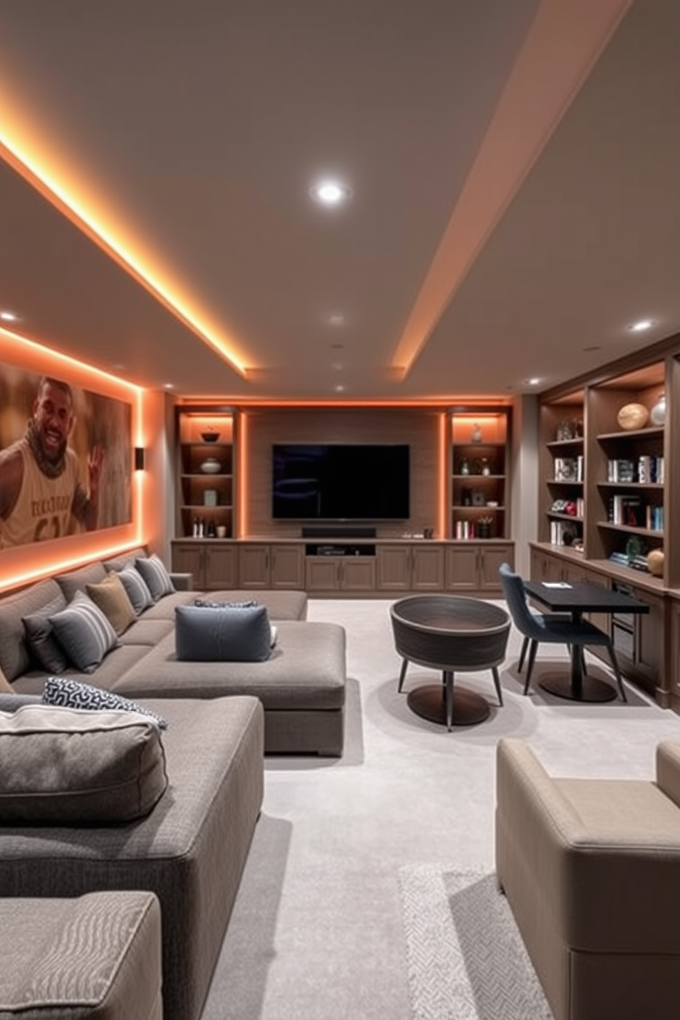 A tech-friendly media room designed for ultimate entertainment. The space features a large sectional sofa facing a wall-mounted flat-screen TV, with ambient lighting integrated into the ceiling. Long basement design ideas that maximize functionality and style. The area includes a cozy lounge space with a bar, a game table, and built-in shelves filled with books and decor.