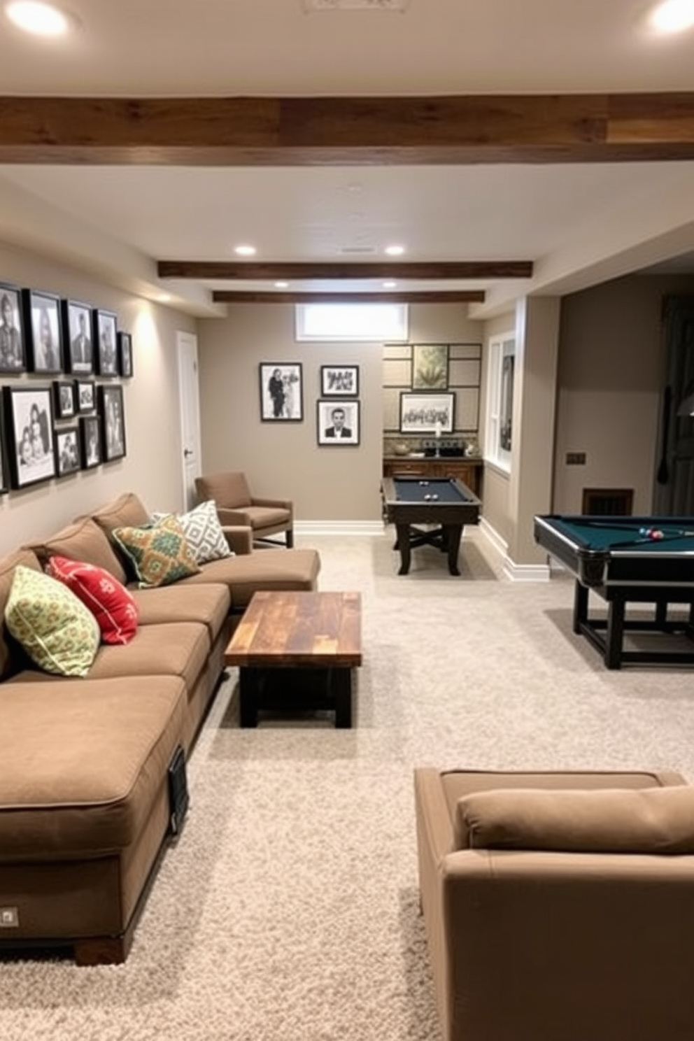 A cozy basement designed for family gatherings. The space features a comfortable sectional sofa adorned with colorful throw pillows, a large coffee table made of reclaimed wood, and a gallery wall displaying framed family photos. A versatile long basement layout with distinct zones for entertainment and relaxation. The area includes a home theater setup with plush seating, a game corner with a pool table, and a small kitchenette for snacks and drinks.