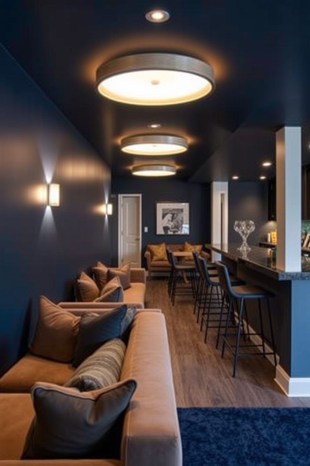 A bold accent wall painted in deep navy blue serves as a striking focal point in the long basement, enhancing the overall aesthetic. The space features a cozy seating area with plush sofas, complemented by warm lighting fixtures that create an inviting atmosphere. The long basement is designed with an open layout, allowing for seamless movement between different functional areas. A stylish bar counter with high stools is positioned along one side, perfect for entertaining guests or enjoying casual gatherings.