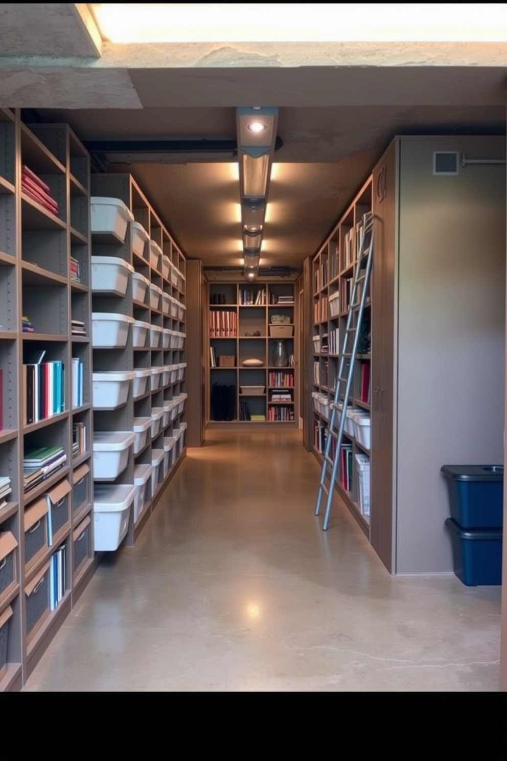 A long basement designed for functionality and style features creative vertical storage solutions that maximize space. Tall shelving units line the walls, filled with neatly organized bins and books, while a sleek ladder provides easy access to higher shelves. The flooring is a polished concrete that reflects light, enhancing the sense of openness. Soft, ambient lighting installed along the ceiling highlights the unique architectural details and creates a warm atmosphere.