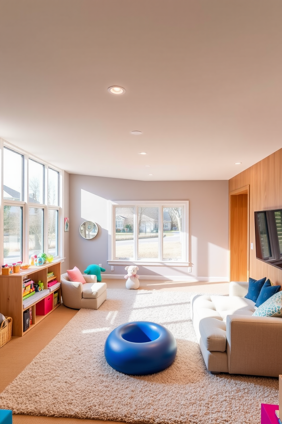 A bright and airy playroom for kids features large windows that allow natural light to flood the space. The walls are painted in soft pastel colors and the floor is covered with a plush area rug for comfort. Long basement design ideas include a cozy lounge area with comfortable seating and a large entertainment system. The walls are finished with warm wood paneling and the space is illuminated with recessed lighting for a welcoming atmosphere.