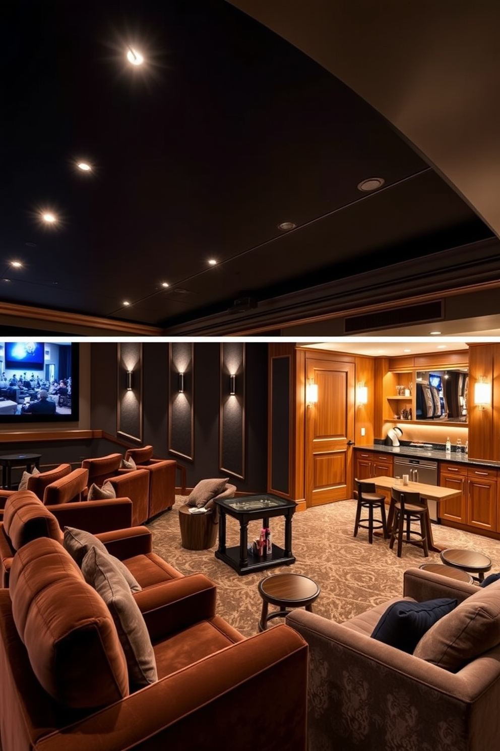 A luxurious home theater featuring plush velvet seating arranged in a semi-circular layout. The walls are adorned with dark acoustic panels, and a large screen is mounted on the front wall, illuminated by soft recessed lighting. A stylish basement designed for relaxation and entertainment, showcasing a cozy lounge area with a sectional sofa and a game table. The space is accented with warm wood finishes, ambient lighting, and a mini bar for hosting gatherings.