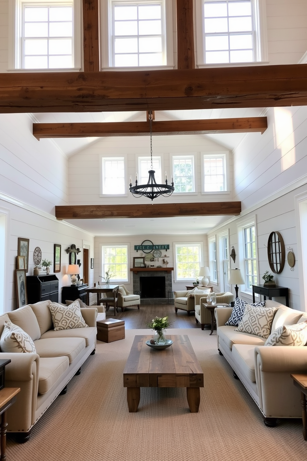 A modern farmhouse interior featuring shiplap walls painted in a soft white color. The space is filled with natural light from large windows, showcasing rustic wooden beams overhead. In the long basement design, cozy seating areas are arranged with plush sofas and a reclaimed wood coffee table. The walls are adorned with vintage decor, and warm lighting creates an inviting atmosphere.