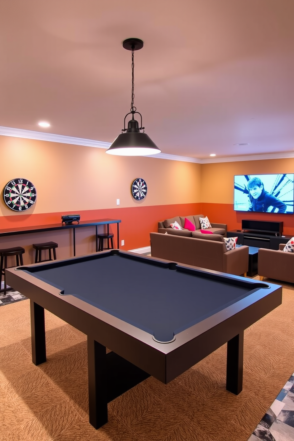 A vibrant game room featuring a sleek pool table positioned centrally under a stylish pendant light. On the wall opposite the pool table, a dartboard is mounted with a small seating area nearby, adorned with colorful cushions. A cozy basement designed for entertainment with a spacious lounge area that includes plush sofas and a large flat-screen TV. The walls are painted in warm tones, and the flooring is a combination of plush carpeting and stylish tiles, creating a welcoming atmosphere.