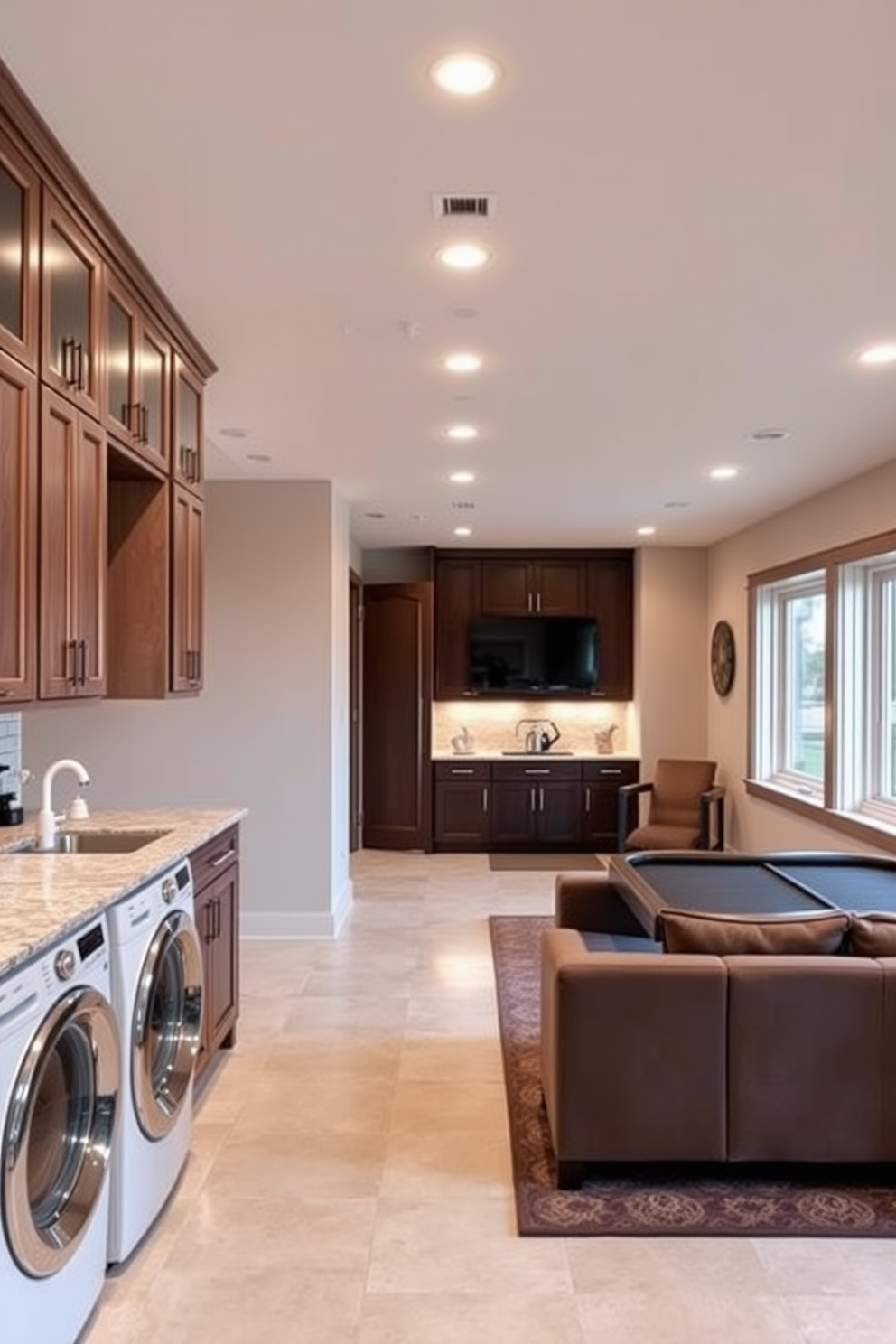 Functional laundry room with storage solutions. The space features a large countertop for folding clothes, with upper cabinets for storage and a built-in washer and dryer beneath a stylish countertop. Long basement design ideas. The layout includes a cozy seating area with a sectional sofa, a small kitchenette, and a game table, all illuminated by recessed lighting and large windows that bring in natural light.