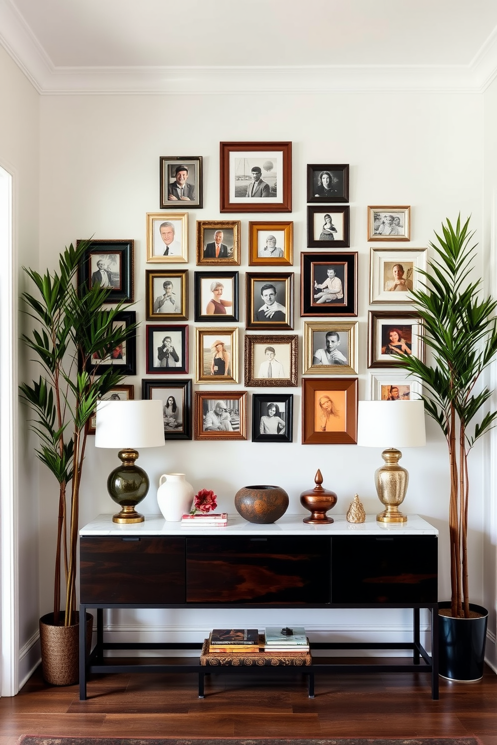 Create a gallery wall filled with family photos showcasing a mix of black and white and color images. The wall features various frame styles and sizes, arranged in an asymmetrical layout to create an inviting and personal atmosphere. Design a long foyer that welcomes guests with a blend of elegance and functionality. Incorporate a console table adorned with decorative objects and a large mirror to enhance the sense of space and light.