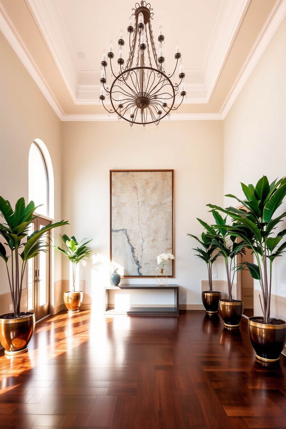 A grand foyer featuring a high ceiling and elegant chandelier that creates a welcoming atmosphere. The walls are adorned with a large piece of artwork that serves as a focal point, complemented by a sleek console table beneath it. Rich hardwood flooring extends throughout the space, enhancing the luxurious feel. Flanking the foyer are tall potted plants that add greenery and warmth to the entrance.