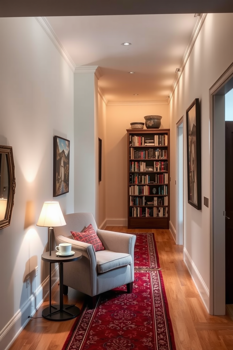 A cozy reading nook at the end of a long foyer features a plush armchair upholstered in soft fabric positioned next to a tall bookshelf filled with books. A warm floor lamp casts a gentle glow, creating an inviting atmosphere for reading, while a small side table holds a steaming cup of tea. The long foyer is adorned with elegant wall art and a runner rug that adds warmth and texture to the space. Soft lighting fixtures line the ceiling, illuminating the path and enhancing the overall ambiance of the area.