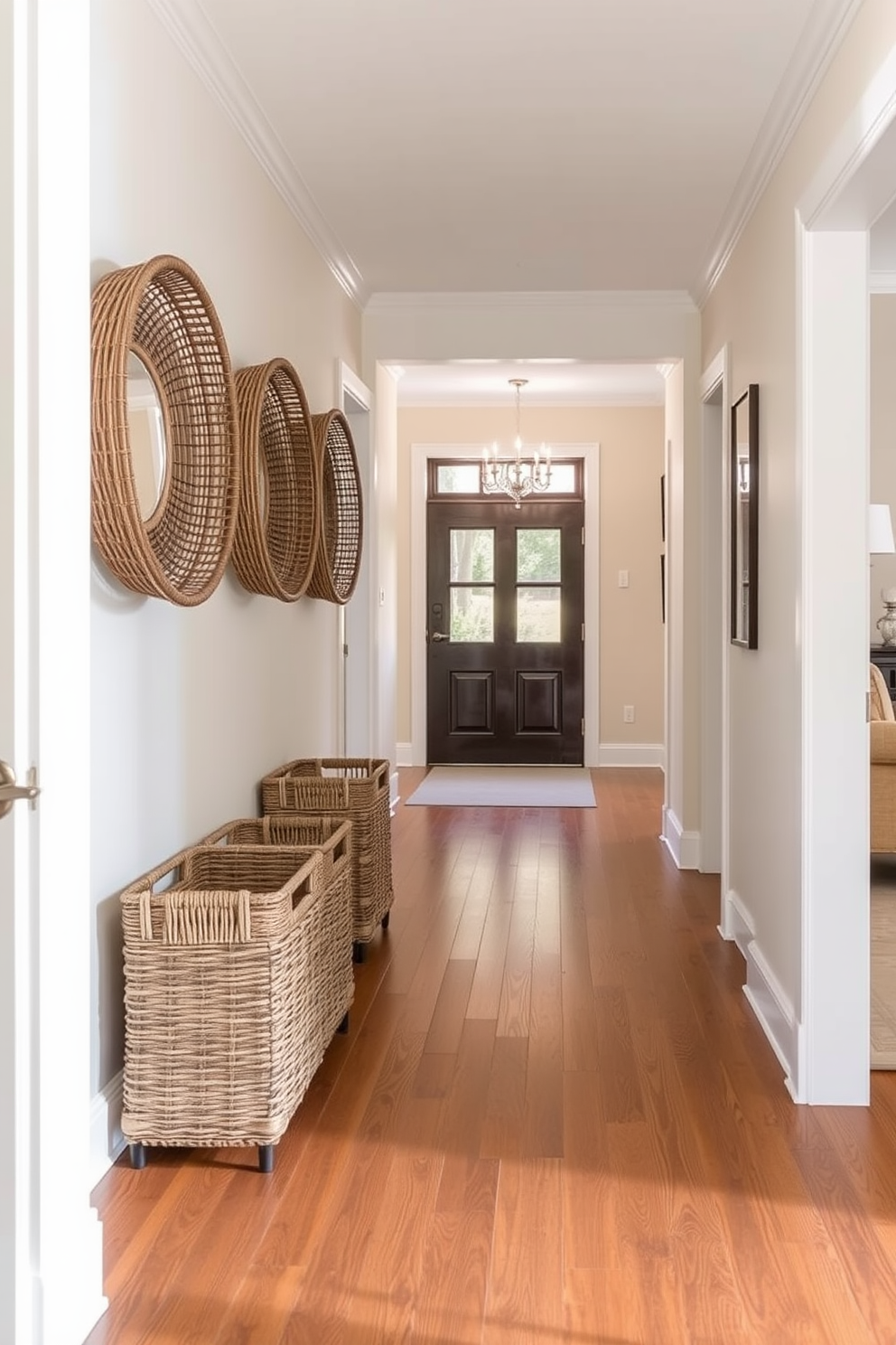 A long foyer features elegant decorative baskets strategically placed for stylish storage solutions. The walls are adorned with soft neutral tones, and the flooring is a rich hardwood that adds warmth to the space.