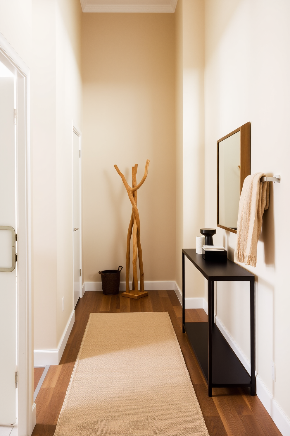 A stylish long foyer featuring a sleek console table against one wall with a decorative mirror above it. A coat rack made of natural wood stands nearby, providing practicality while complementing the overall aesthetic. The walls are painted in a soft beige, creating a warm and inviting atmosphere. A runner rug in neutral tones adds texture and guides guests through the space.