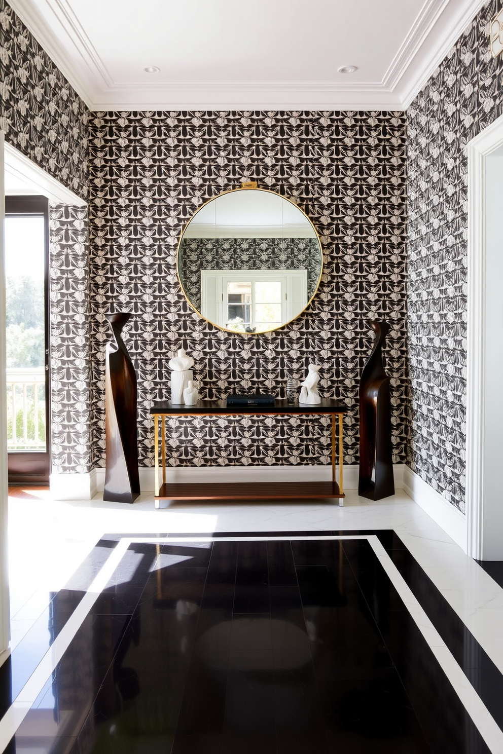 A long foyer featuring geometric patterned wallpaper that creates a striking visual impact. The floor is adorned with a bold black and white tile design, leading to an inviting area with a sleek console table. Flanking the console table are two modern sculptures that enhance the artistic atmosphere. Above the table, a large round mirror reflects natural light, making the space feel more expansive.