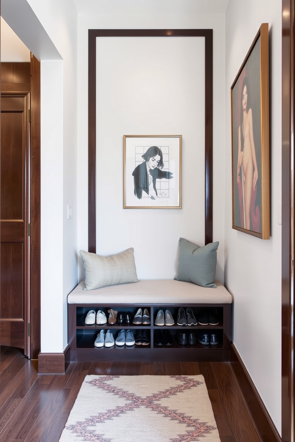 A long foyer features a sleek shoe storage solution integrated into a built-in bench with soft upholstery. The walls are adorned with elegant artwork, and a stylish runner rug adds warmth to the space.