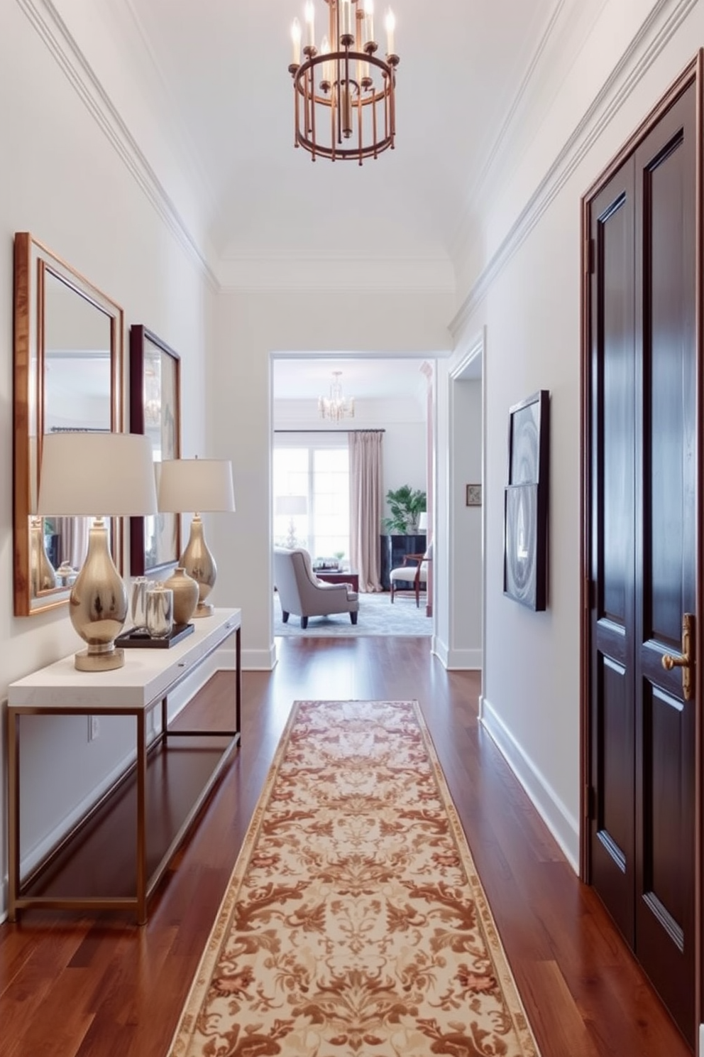 A long foyer features a sleek console table made of dark wood, positioned against a light gray wall. On the table, a decorative bowl holds keys, while a stylish mail organizer sits beside it for easy access. The floor is adorned with a warm, patterned runner that adds a touch of coziness to the entryway. Soft lighting from a pendant fixture above illuminates the space, creating an inviting atmosphere.