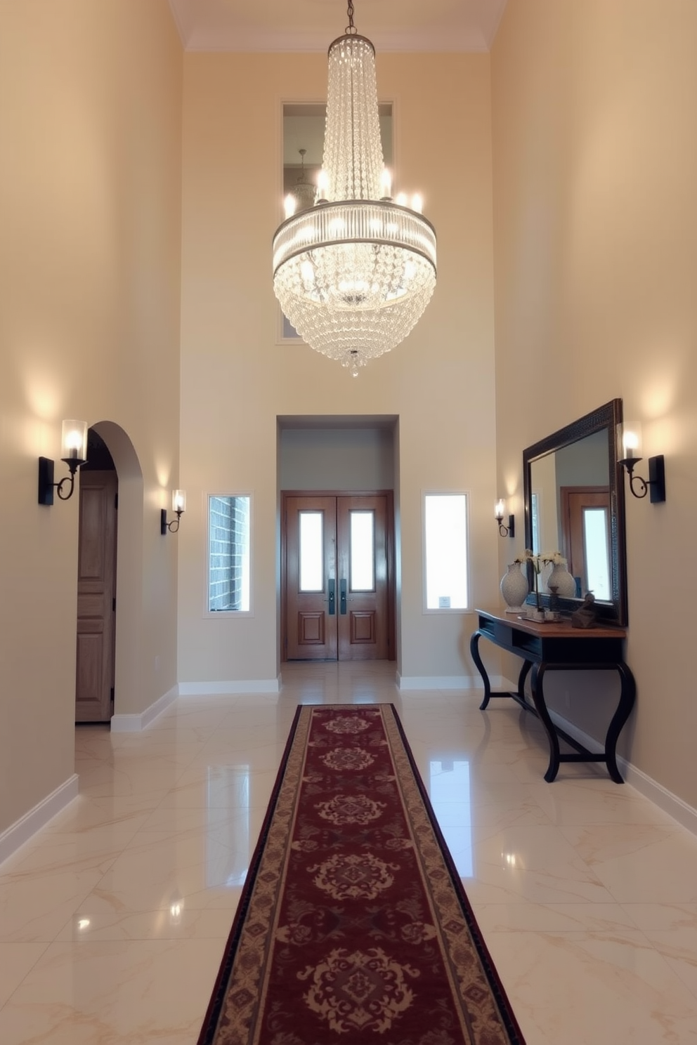 A grand foyer featuring a stunning chandelier that cascades from a high ceiling, creating an elegant focal point. The walls are adorned with rich, textured wallpaper, and the floor is laid with polished marble tiles that reflect the light beautifully. Flanking the entrance are tall, slim console tables topped with decorative lamps and fresh floral arrangements. A large, ornate mirror hangs at the end of the foyer, enhancing the sense of space and sophistication.