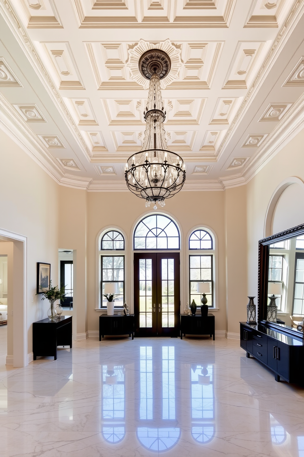 A grand foyer features a coffered ceiling with intricate molding that adds depth and elegance to the space. The walls are adorned with a soft, neutral paint color, complemented by a stunning chandelier that serves as a focal point. The flooring consists of polished marble tiles that reflect the natural light streaming in through large arched windows. A long console table is positioned against one wall, adorned with decorative accessories and a large mirror that enhances the sense of space.