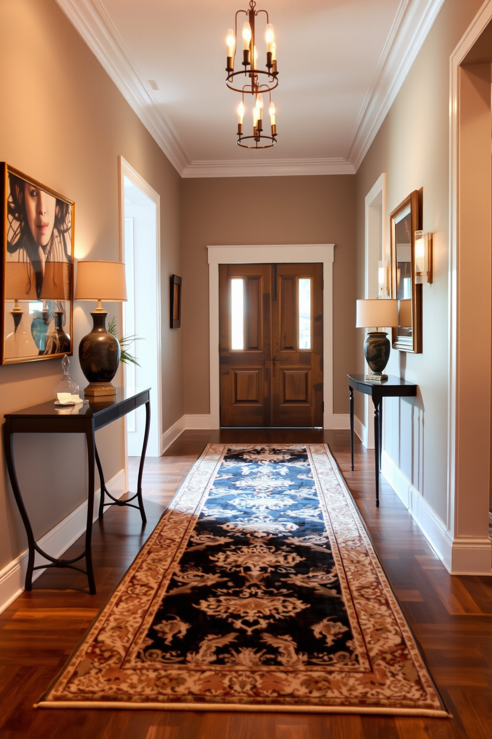 A long foyer featuring a beautiful runner rug that adds warmth and texture to the space. The walls are adorned with elegant artwork, and a stylish console table sits against one side, topped with decorative accents and a welcoming lamp.