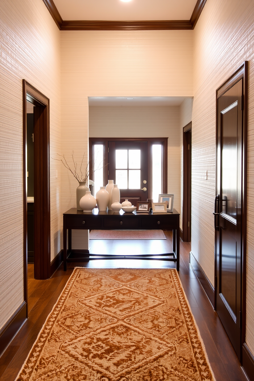 A long foyer features elegant shoe storage solutions seamlessly integrated into the design. The walls are adorned with soft neutral colors, while a stylish bench sits against one side, providing a comfortable spot to sit and put on shoes.