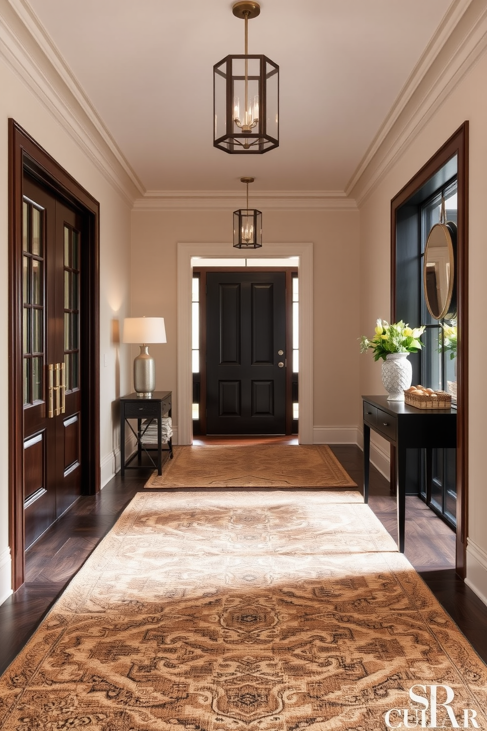 Create a long foyer that features a series of distinct zones defined by elegant area rugs. Each rug introduces a unique texture and color, guiding guests through the space while adding warmth and sophistication.