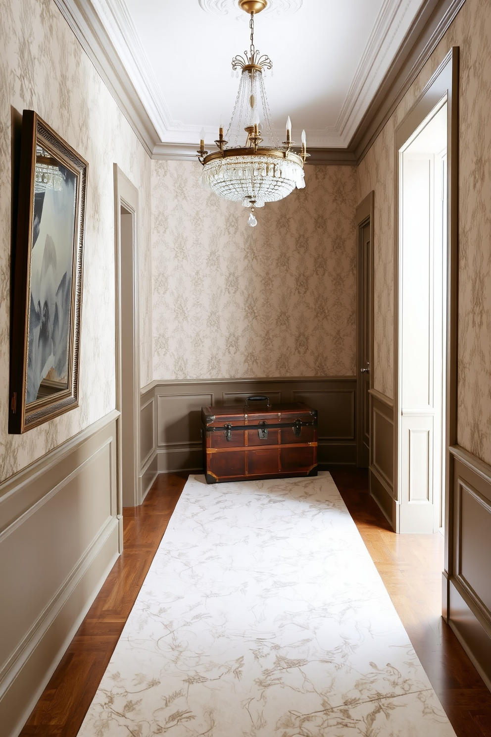 A long foyer features a vintage trunk placed against the wall, adding a touch of charm and character to the space. The walls are adorned with elegant wallpaper, and a statement chandelier hangs from the ceiling, illuminating the area beautifully.