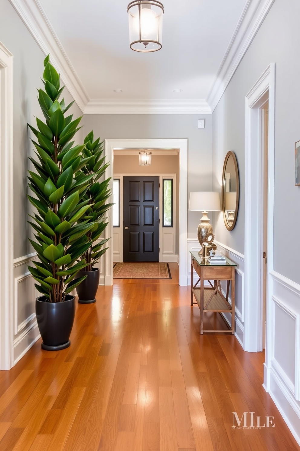 A long foyer featuring a harmonious blend of soft gray and warm beige tones. The walls are adorned with elegant wainscoting, and the floor is finished with polished hardwood that adds warmth to the space. A statement console table sits against one wall, topped with decorative items and a stylish lamp. Flanking the foyer are tall potted plants that bring a touch of nature indoors, enhancing the inviting atmosphere.