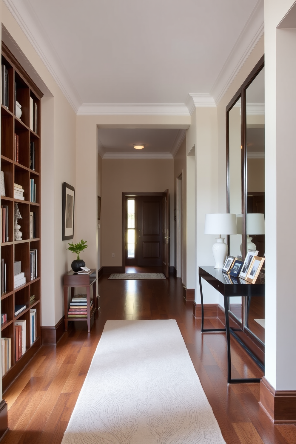 A long foyer features elegant hardwood flooring with a soft runner rug that adds warmth. The walls are adorned with neutral paint, and a small library shelf is positioned against one side, filled with an assortment of books and decorative items. On the opposite side, a console table with a stylish lamp and a few framed photos creates an inviting atmosphere. Large mirrors reflect natural light, enhancing the spacious feel of the foyer.