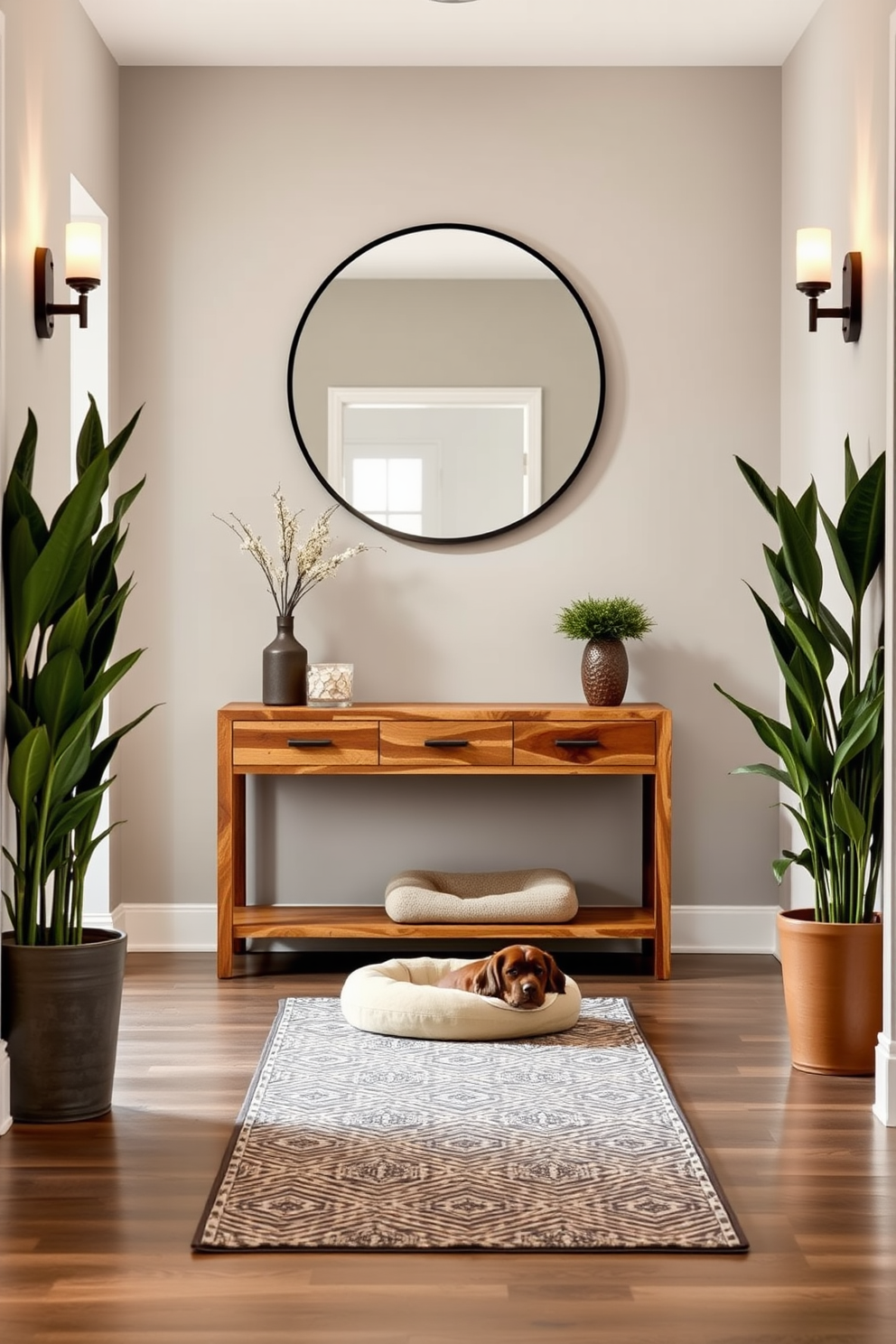 A long foyer features a stylish console table made of reclaimed wood against the wall, complemented by a large round mirror above it. The floor is adorned with a durable yet elegant runner rug, while a cozy pet bed is placed in one corner, inviting your furry friend to relax. Flanking the foyer are tall potted plants that add a touch of greenery and warmth to the space. Soft lighting from wall sconces creates an inviting atmosphere, making the foyer a welcoming entry point to your home.