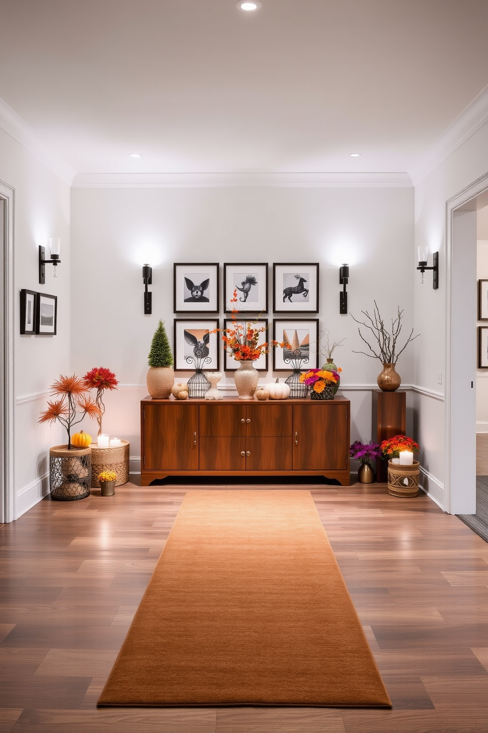 A seasonal decor display space featuring a large wooden console table adorned with various seasonal decorations. Soft ambient lighting highlights a collection of pumpkins in autumn, vibrant flowers in spring, and festive ornaments during winter. Long foyer design ideas showcasing a sleek runner rug that stretches the length of the space, complemented by elegant wall sconces. A series of framed artwork line the walls, creating a welcoming atmosphere that invites guests into the home.