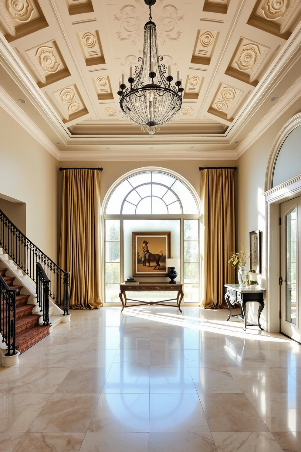 A grand foyer featuring a high ceiling with intricate crown molding and a stunning chandelier that cascades light throughout the space. The floor is adorned with polished marble tiles, while a sweeping staircase with ornate wrought iron railings leads to the upper level. On one side of the foyer, a pair of elegant console tables flanks a large arched window, draped with luxurious fabric curtains. A statement piece of artwork hangs above the tables, surrounded by tasteful decorative accents that enhance the overall sophistication of the entryway.