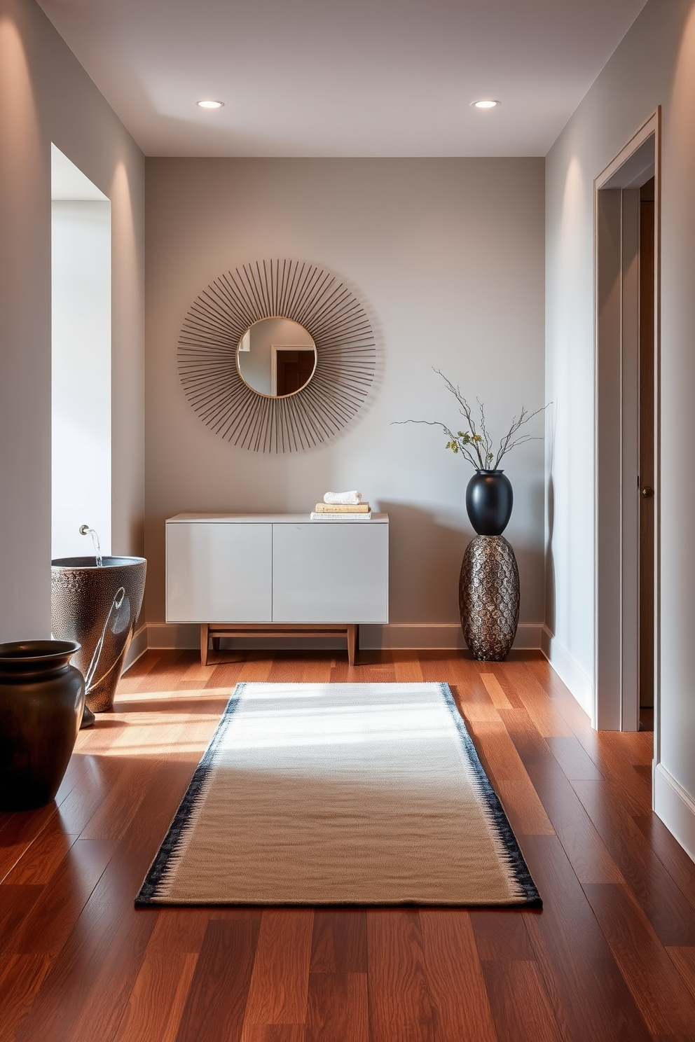 A long foyer with a striking color-blocked wall design featuring bold shades of navy blue and mustard yellow. The floor is adorned with sleek white tiles, and a minimalist console table in natural wood stands against the wall. On the left side, a large abstract artwork complements the color scheme, while a stylish bench upholstered in gray fabric provides seating. Potted plants are placed at each end of the foyer, adding a touch of greenery and warmth to the space.