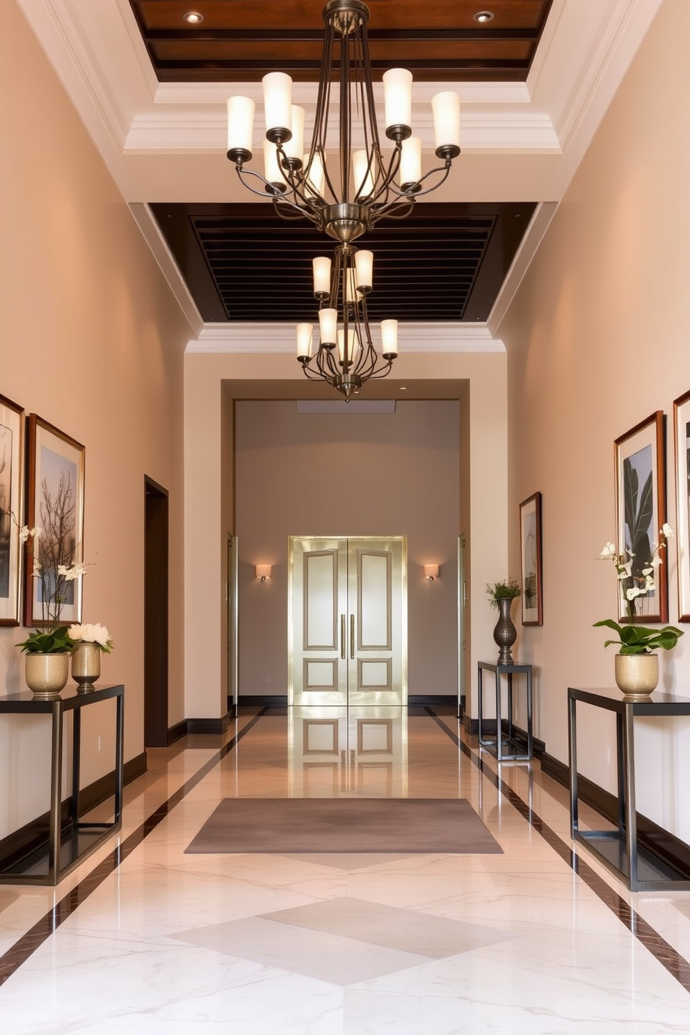 A long foyer with elegant design elements. The space features a statement chandelier overhead that casts a warm glow, illuminating the polished marble floor. Flanking the entrance are tall, slim console tables adorned with decorative vases and fresh greenery. The walls are painted in a soft beige, complemented by a series of framed artwork that adds character to the space.