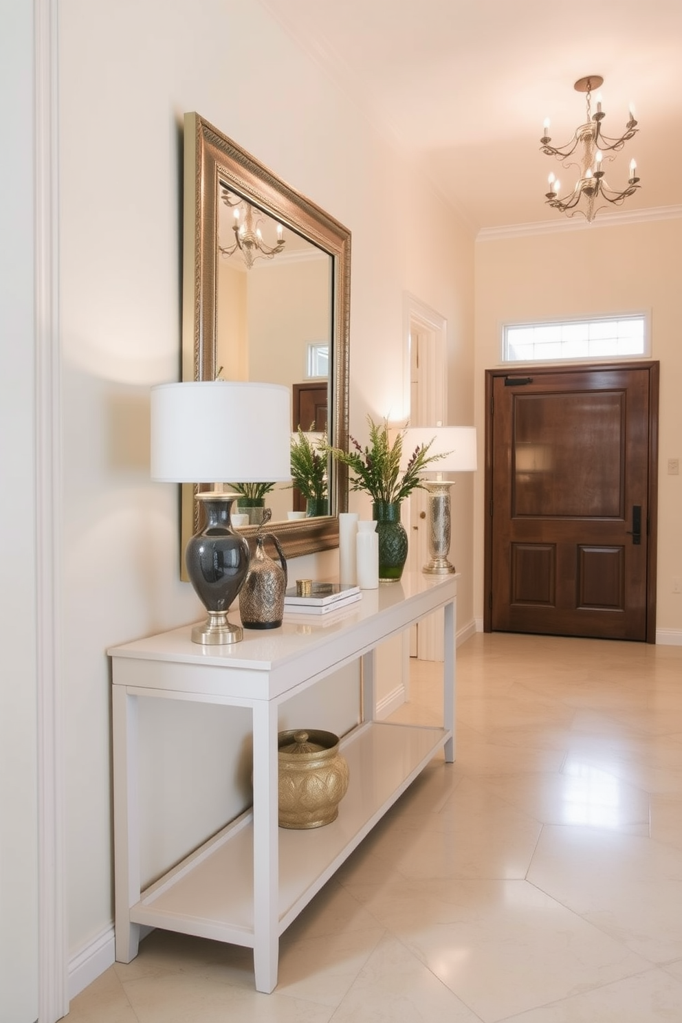 A long foyer with elegant design elements. The space features a console table against the wall, adorned with decorative items and a stylish lamp. The walls are painted in a soft neutral color, creating a warm and inviting atmosphere. A large mirror hangs above the console table, reflecting light and enhancing the sense of space.