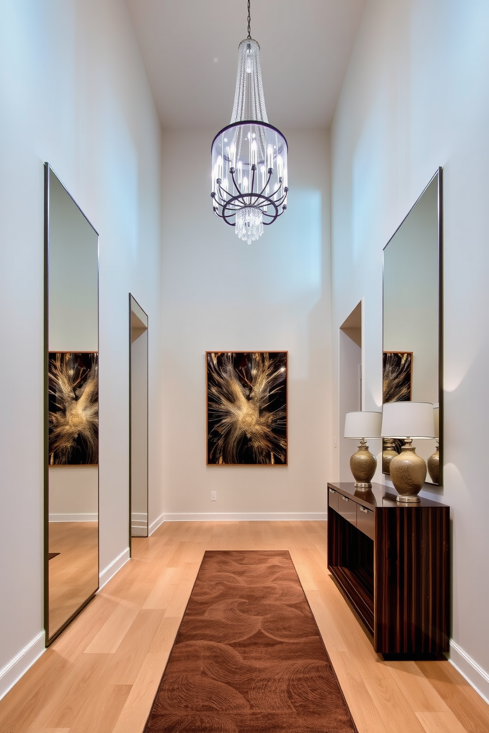 A long foyer featuring elegant marble flooring that extends throughout the space. Large floor-to-ceiling windows on one side allow natural light to flood in, creating an inviting atmosphere. On the opposite wall, a series of decorative mirrors are arranged to reflect the natural light and enhance the sense of space. A sleek console table with a stylish vase and fresh flowers sits in the center, adding a touch of sophistication to the entrance.