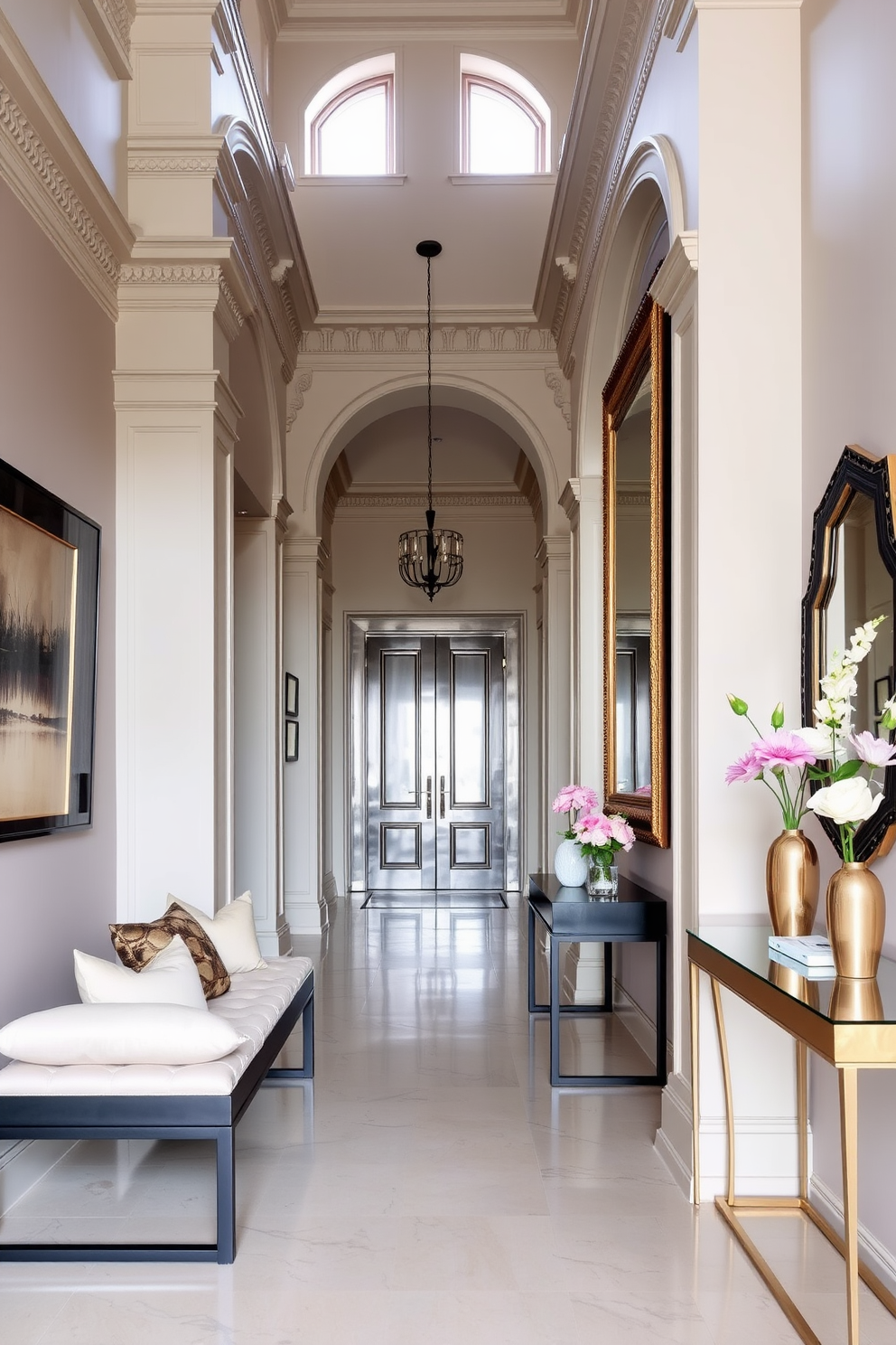 A long foyer featuring elegant architectural details. The space includes a stylish bench with plush cushions, providing comfortable seating options for guests. The walls are adorned with tasteful artwork, and a large mirror reflects natural light. A chic console table stands against one side, decorated with decorative objects and fresh flowers.