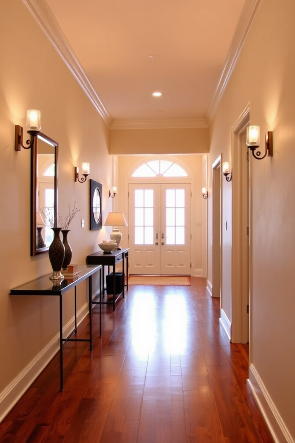 A long foyer with elegant wainscoting creates a stunning entryway. The walls are painted in a soft cream color, complementing the rich wood tones of the wainscoting. A stylish console table sits against one wall, adorned with decorative items and a mirror above it. The floor features a classic herringbone pattern in dark wood, adding warmth and sophistication to the space.